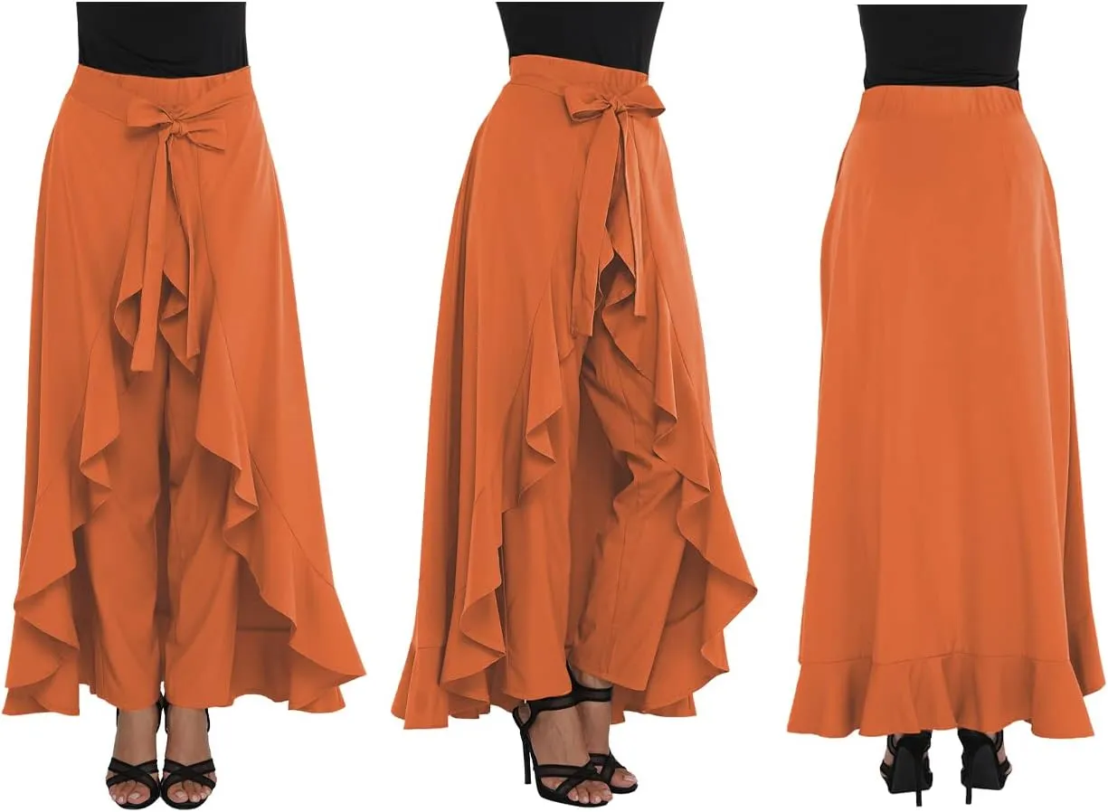 Lrady Women's Ruffle Pants High Waist Trousers Casual Beach Maxi Long Palazzo Overlay Pant Skirts