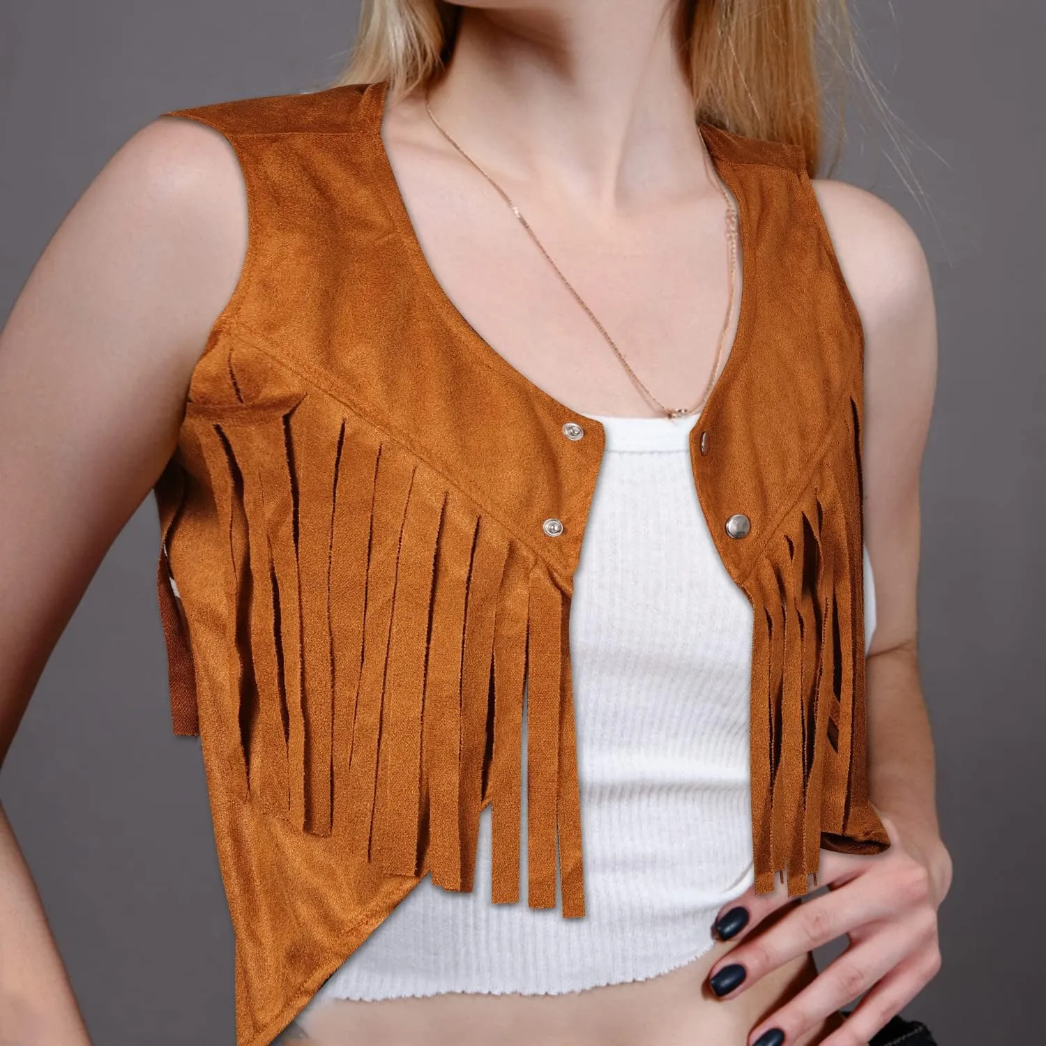 Luter Fringe Vest, Soft Cowgirl Sleeveless Cropped Fringe Jacket Brown Tassel Suede Hippie Vest for Women