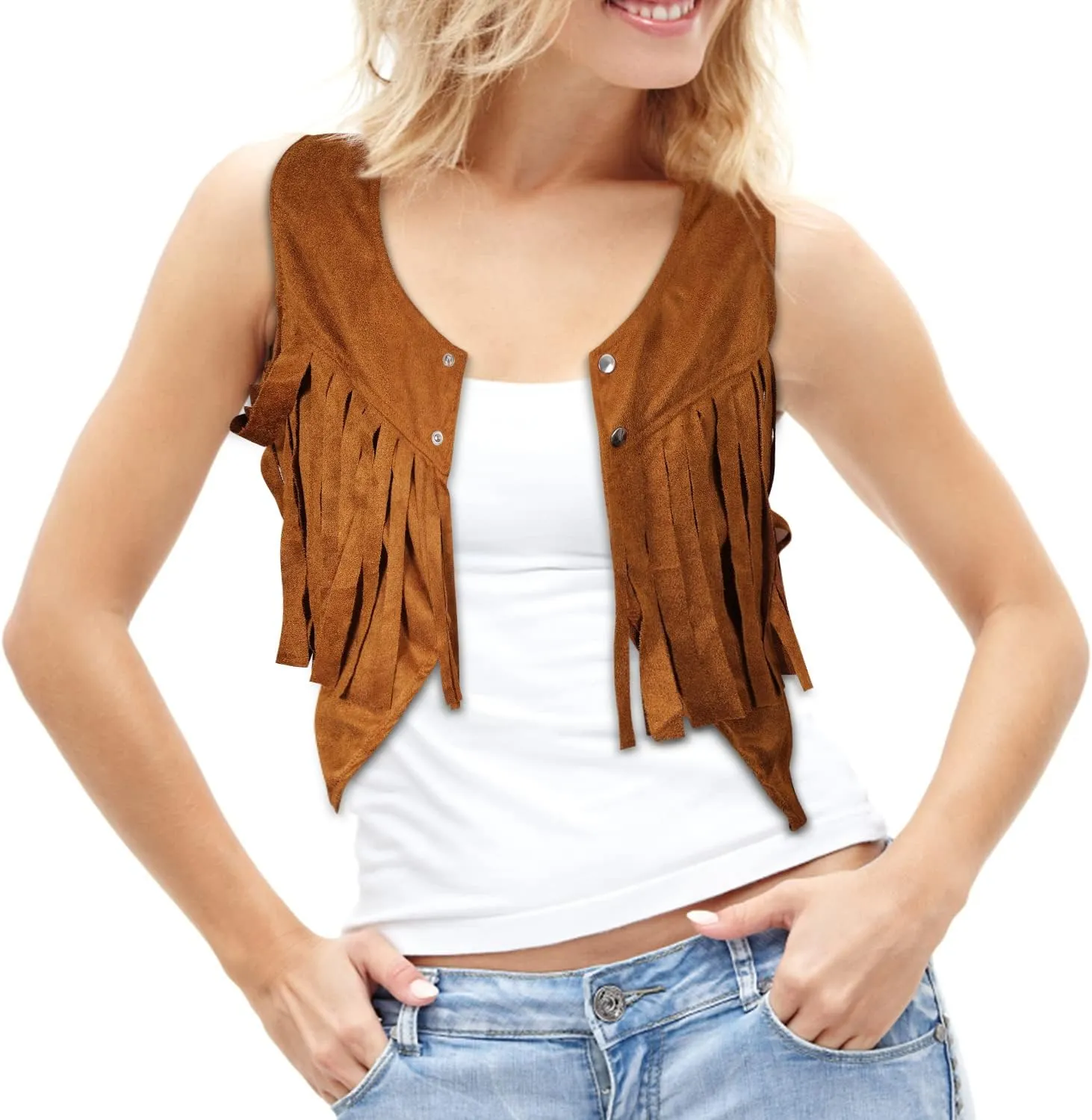 Luter Fringe Vest, Soft Cowgirl Sleeveless Cropped Fringe Jacket Brown Tassel Suede Hippie Vest for Women