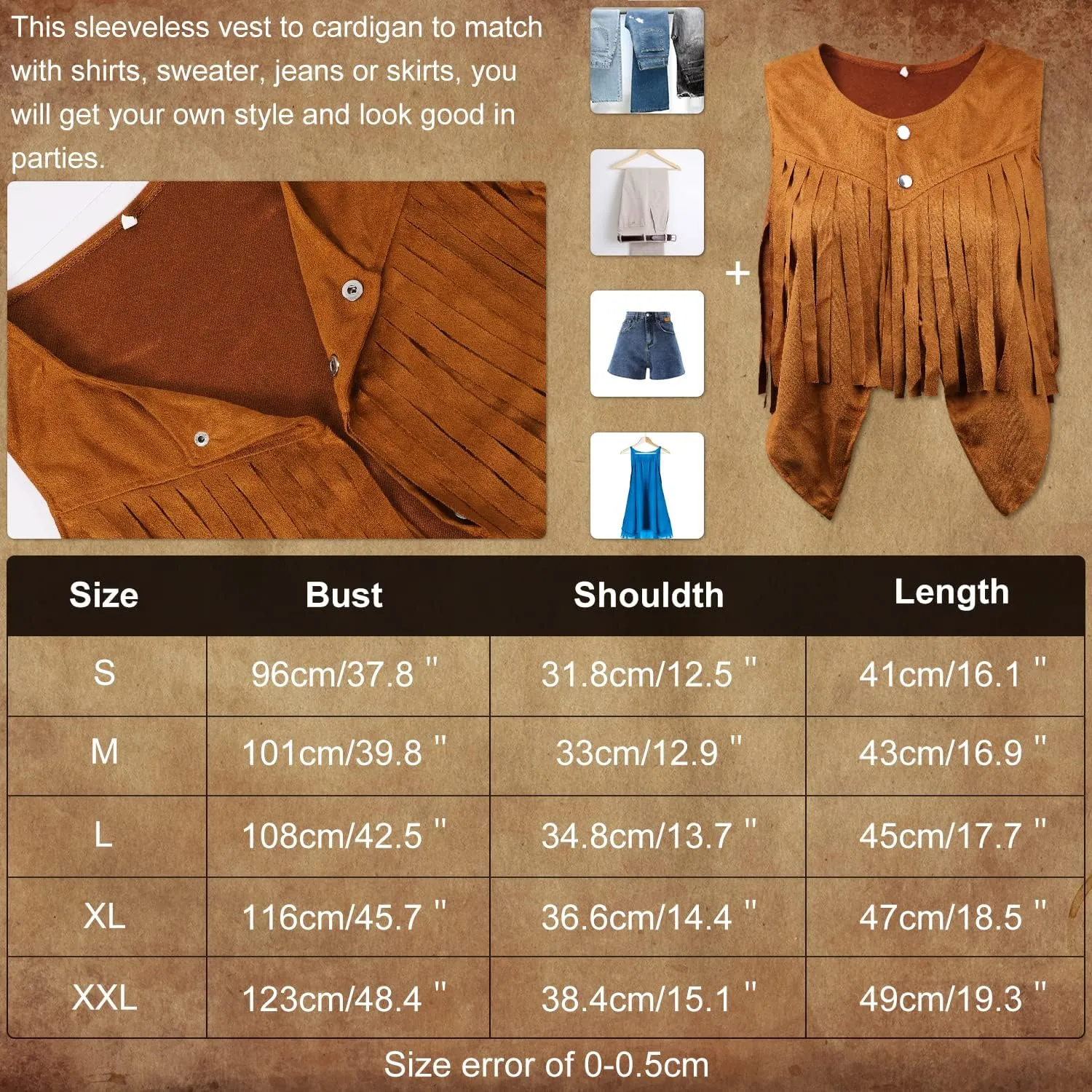 Luter Fringe Vest, Soft Cowgirl Sleeveless Cropped Fringe Jacket Brown Tassel Suede Hippie Vest for Women