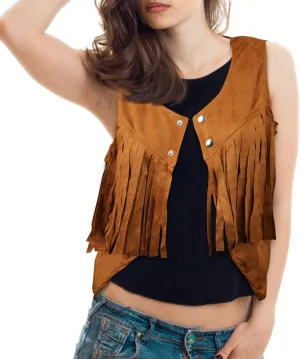 Luter Fringe Vest, Soft Cowgirl Sleeveless Cropped Fringe Jacket Brown Tassel Suede Hippie Vest for Women