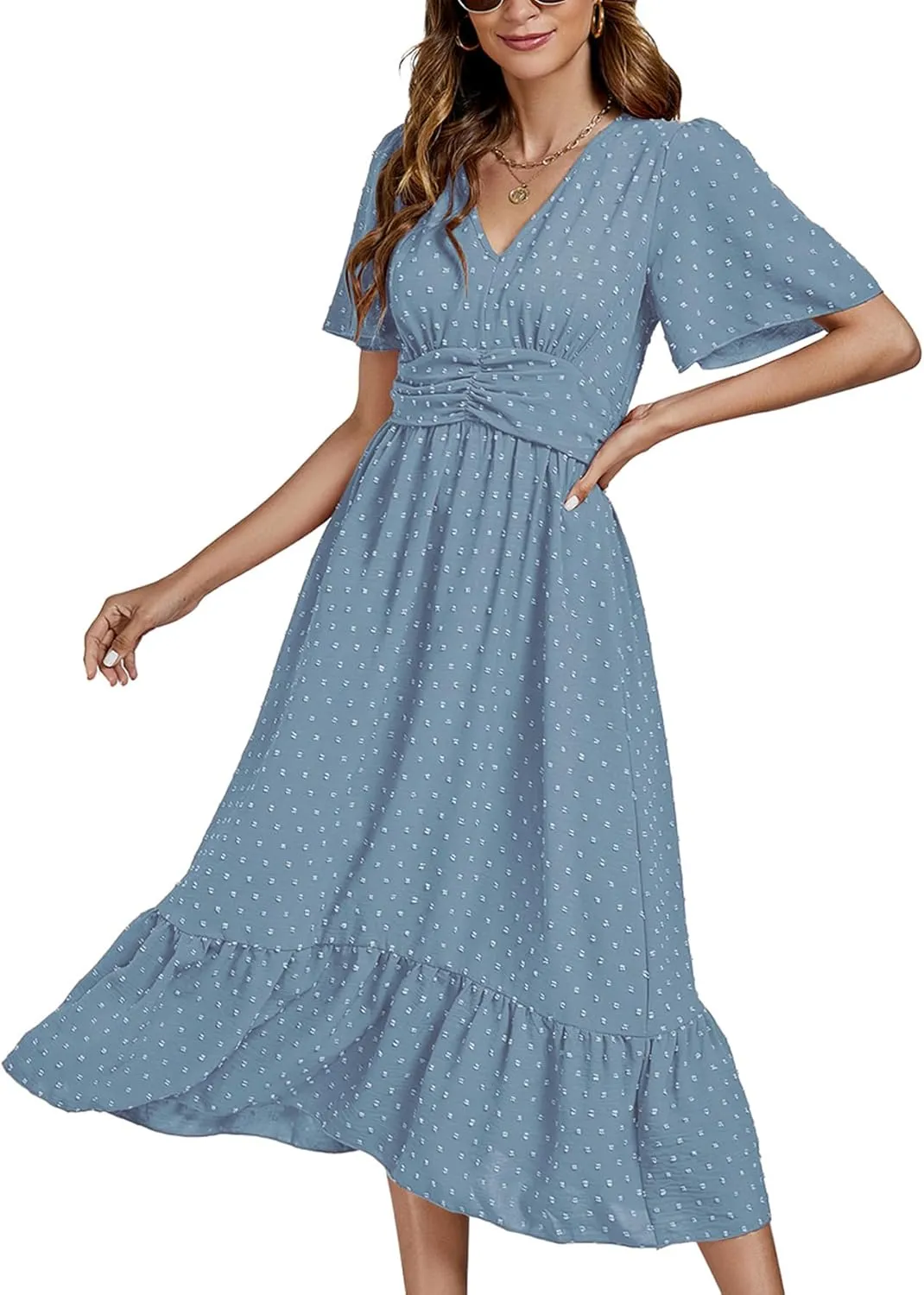 LYANER Women Boho Maxi Dress Long Sleeve V Neck Swiss Dot High Waited A-Line Ruffle Tiered Chiffon Long Dresses