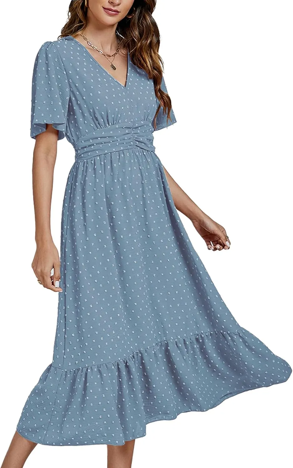 LYANER Women Boho Maxi Dress Long Sleeve V Neck Swiss Dot High Waited A-Line Ruffle Tiered Chiffon Long Dresses