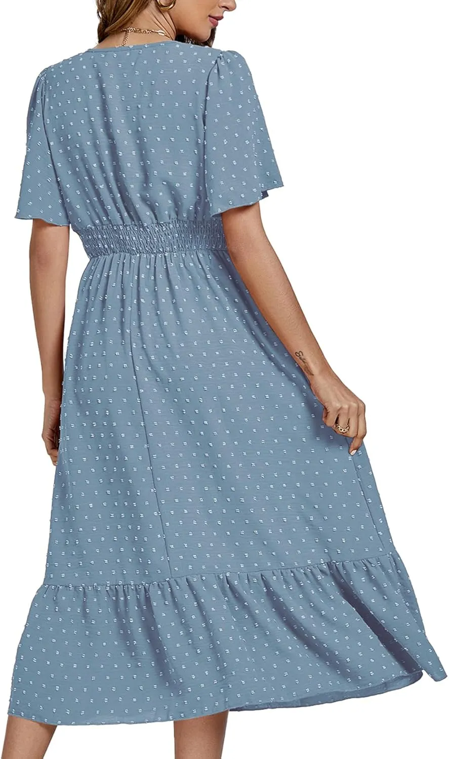 LYANER Women Boho Maxi Dress Long Sleeve V Neck Swiss Dot High Waited A-Line Ruffle Tiered Chiffon Long Dresses