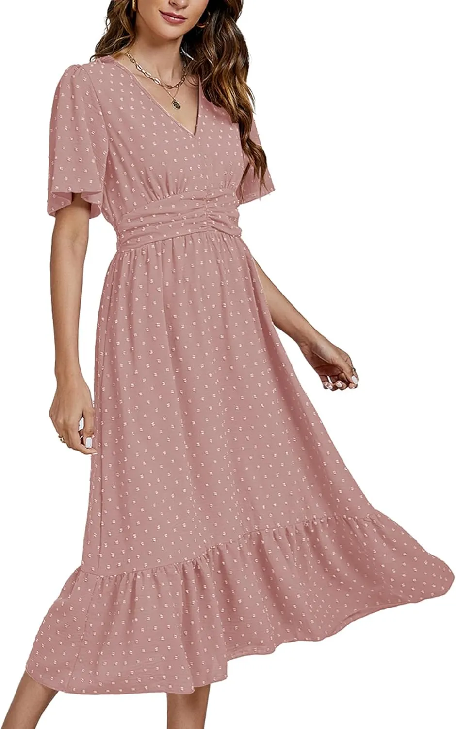 LYANER Women Boho Maxi Dress Long Sleeve V Neck Swiss Dot High Waited A-Line Ruffle Tiered Chiffon Long Dresses
