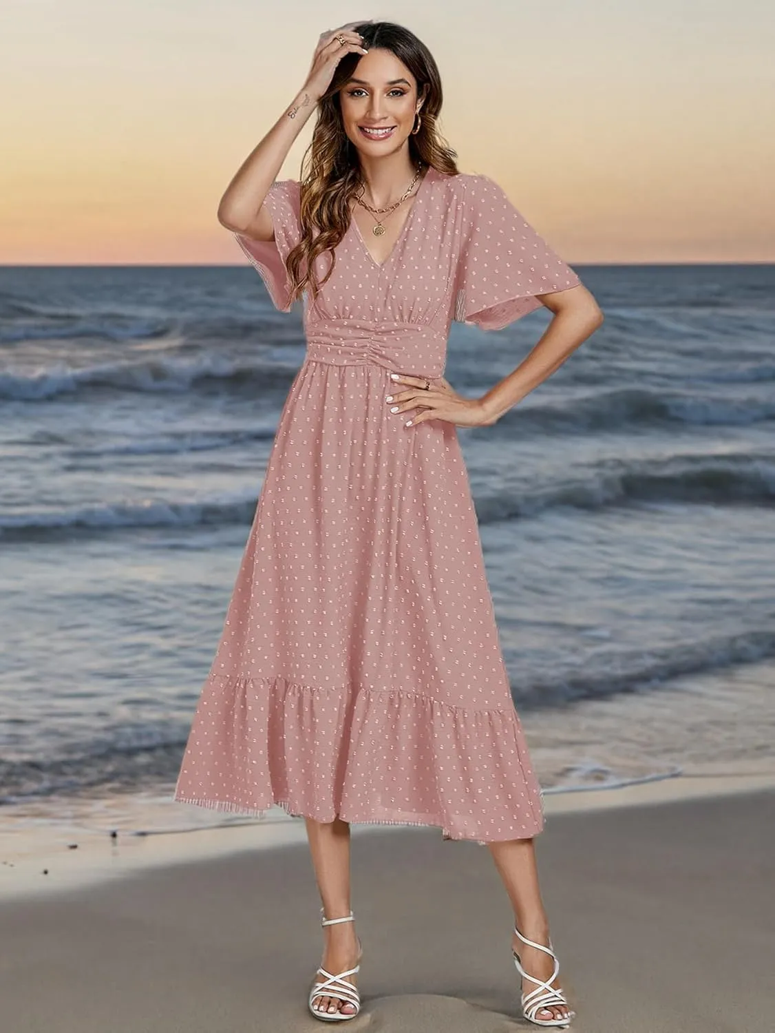 LYANER Women Boho Maxi Dress Long Sleeve V Neck Swiss Dot High Waited A-Line Ruffle Tiered Chiffon Long Dresses