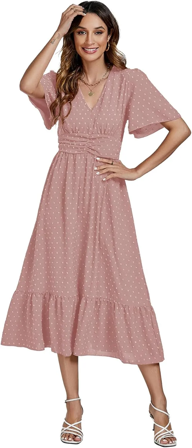 LYANER Women Boho Maxi Dress Long Sleeve V Neck Swiss Dot High Waited A-Line Ruffle Tiered Chiffon Long Dresses