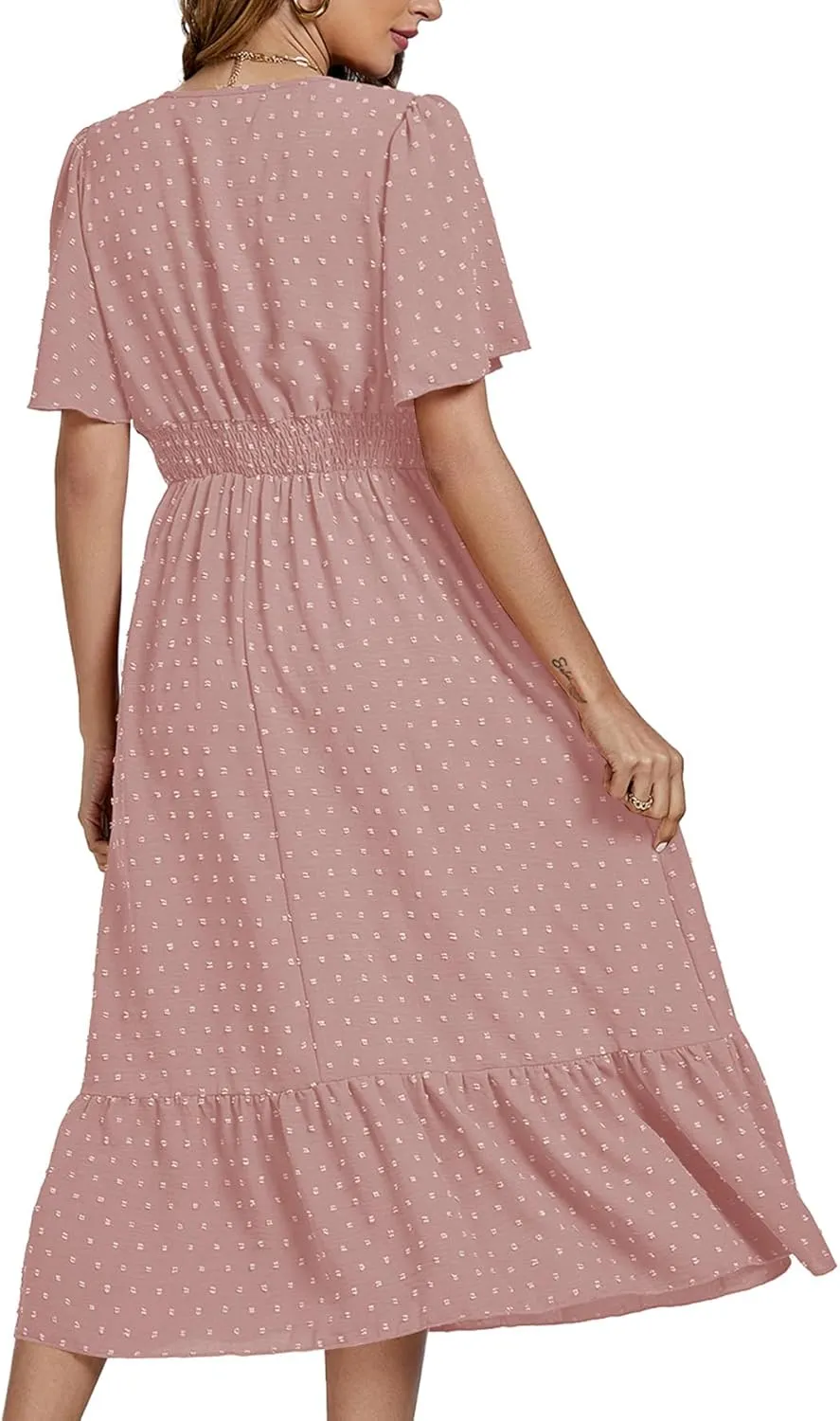 LYANER Women Boho Maxi Dress Long Sleeve V Neck Swiss Dot High Waited A-Line Ruffle Tiered Chiffon Long Dresses