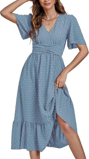 LYANER Women Boho Maxi Dress Long Sleeve V Neck Swiss Dot High Waited A-Line Ruffle Tiered Chiffon Long Dresses