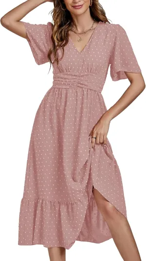 LYANER Women Boho Maxi Dress Long Sleeve V Neck Swiss Dot High Waited A-Line Ruffle Tiered Chiffon Long Dresses