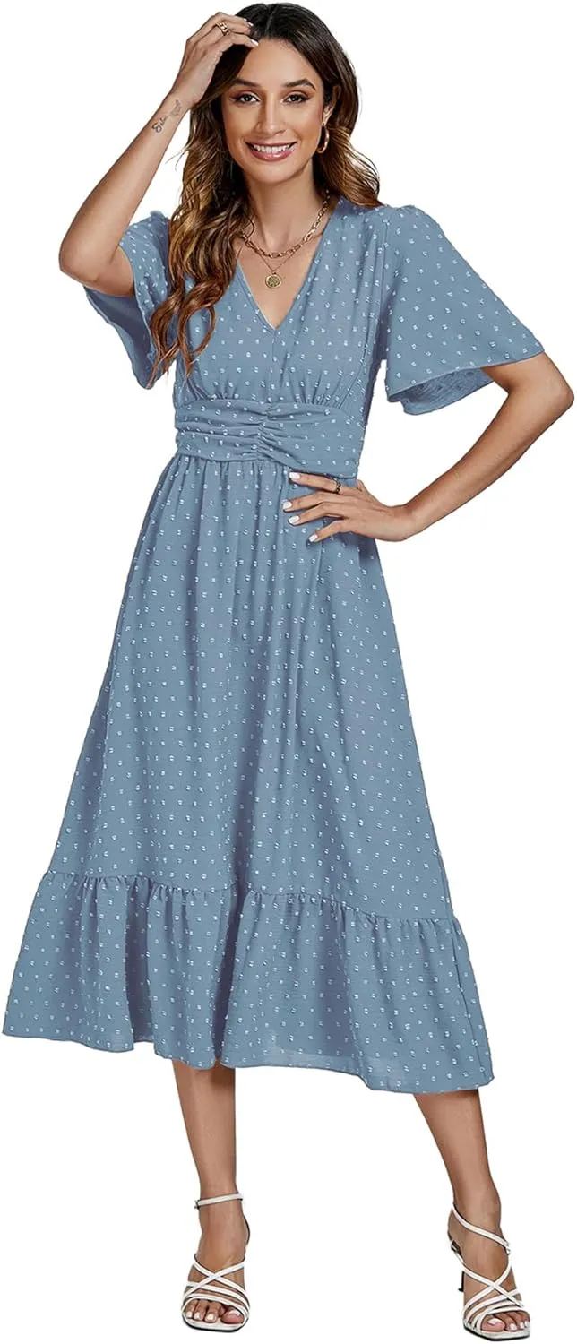 LYANER Women Boho Maxi Dress Long Sleeve V Neck Swiss Dot High Waited A-Line Ruffle Tiered Chiffon Long Dresses