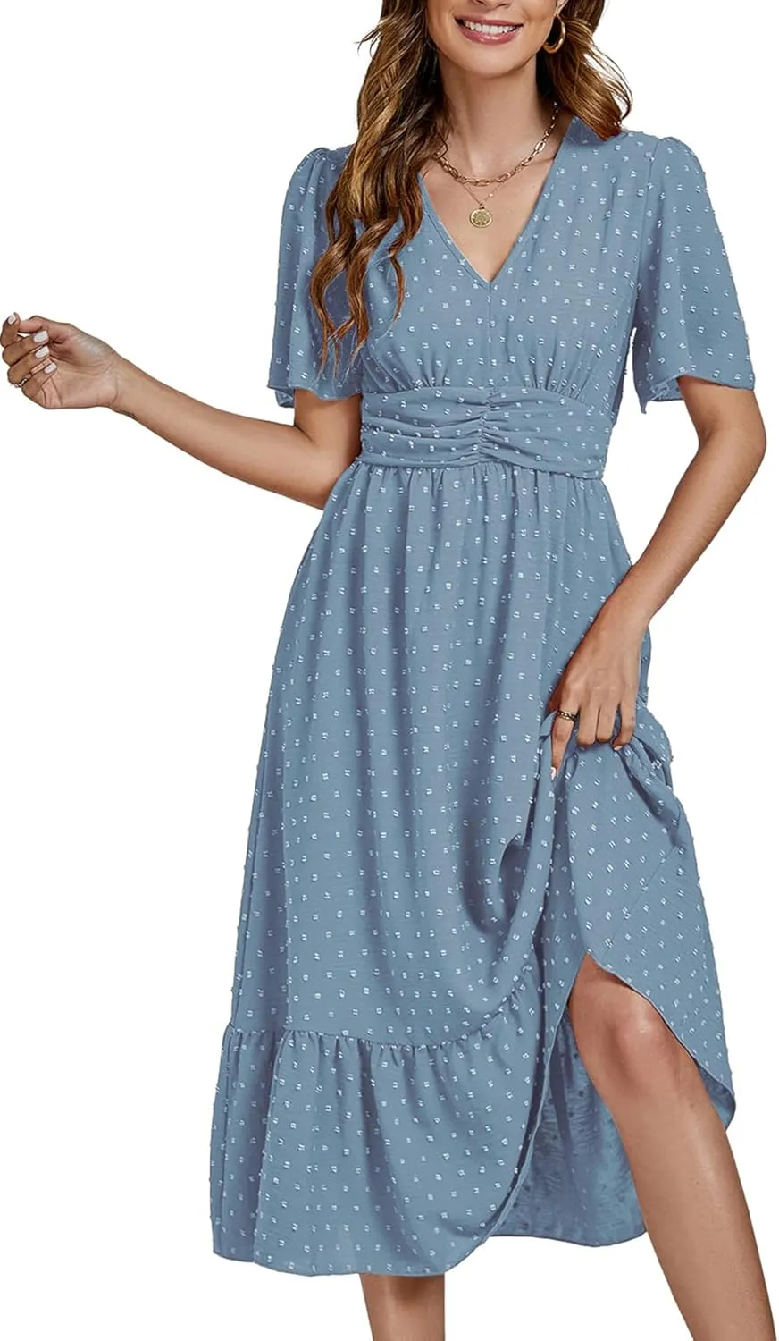 LYANER Women Boho Maxi Dress Long Sleeve V Neck Swiss Dot High Waited A-Line Ruffle Tiered Chiffon Long Dresses