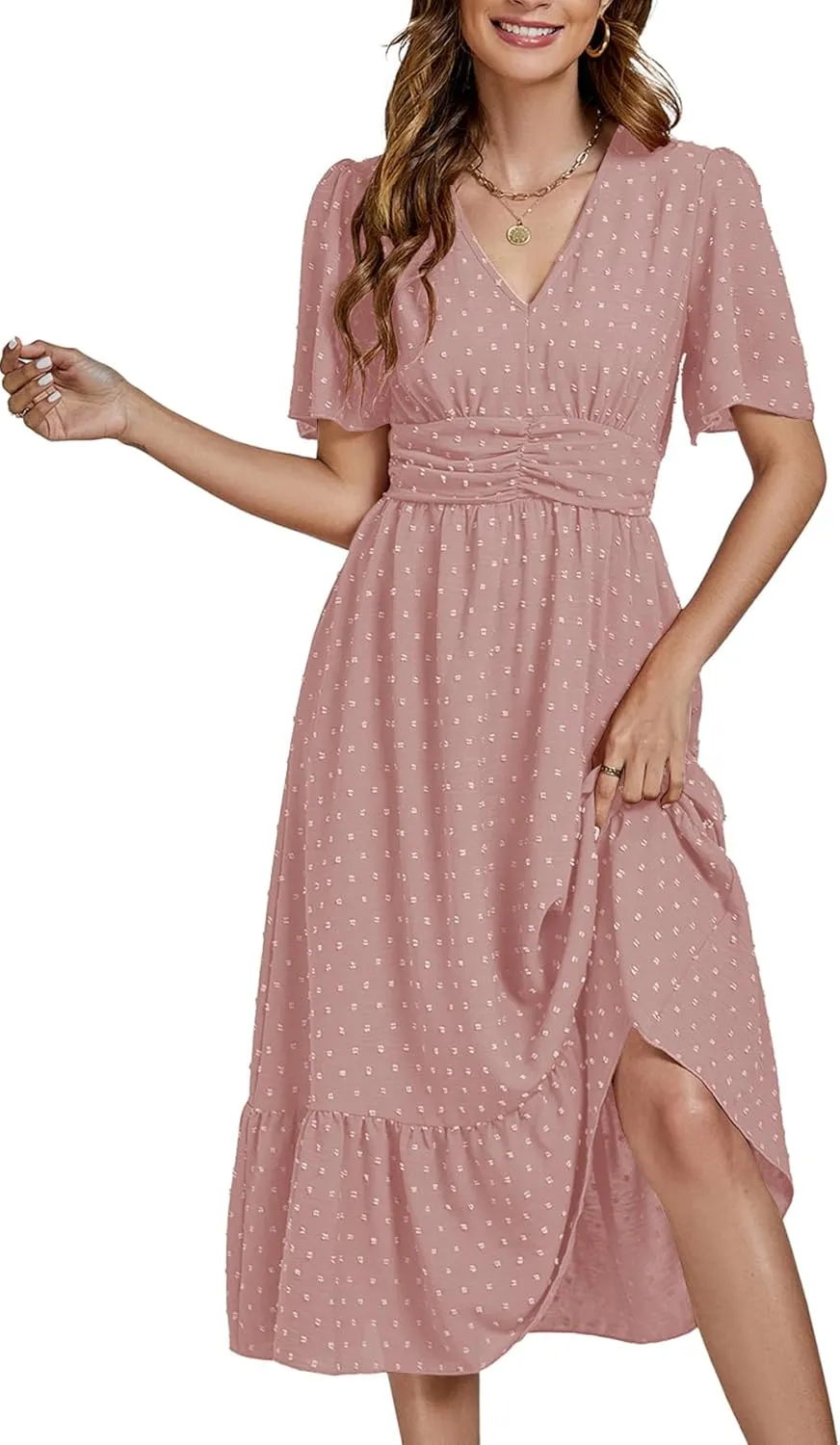 LYANER Women Boho Maxi Dress Long Sleeve V Neck Swiss Dot High Waited A-Line Ruffle Tiered Chiffon Long Dresses