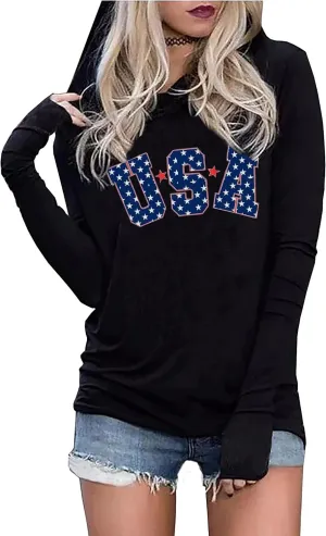 LYEIAO American Flag Fashion Hoodie for Women USA Flag Graphic T-Shirt 4th of July Patriotic Long Sleeve Hoodie Pullover Tops