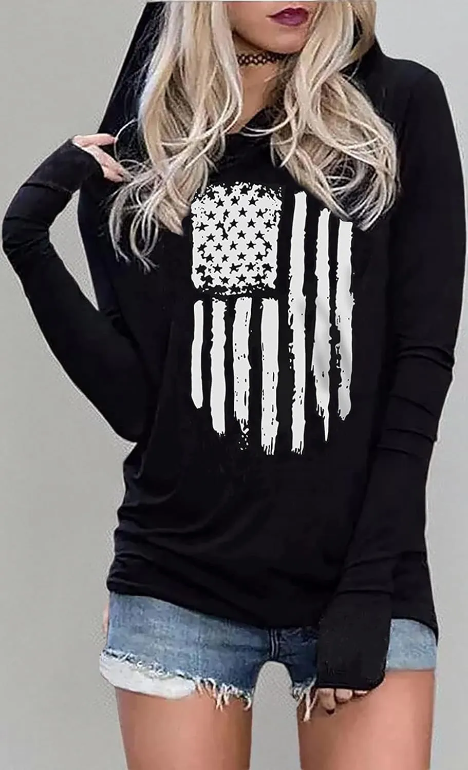 LYEIAO American Flag Fashion Hoodie for Women USA Flag Graphic T-Shirt 4th of July Patriotic Long Sleeve Hoodie Pullover Tops