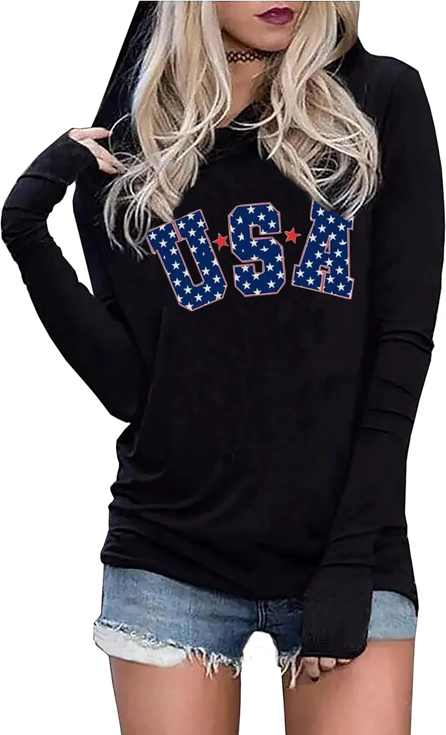 LYEIAO American Flag Fashion Hoodie for Women USA Flag Graphic T-Shirt 4th of July Patriotic Long Sleeve Hoodie Pullover Tops