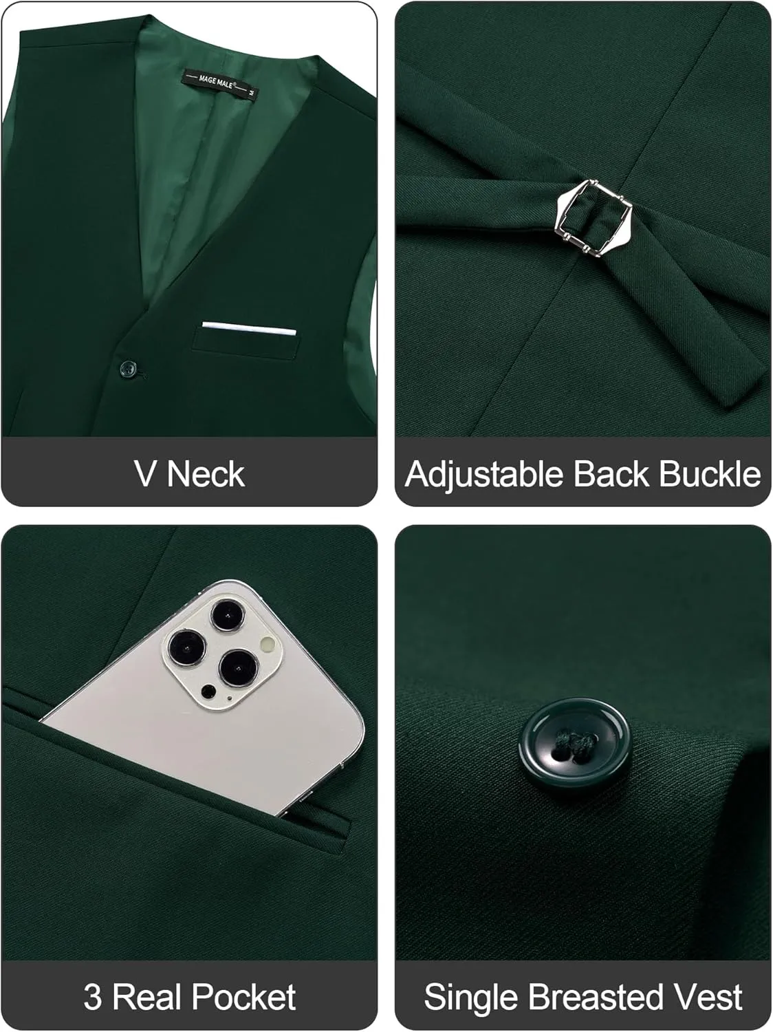 MAGE MALE Men's Suit Vests Casual Formal Dress Vest Business Slim Fit Waistcoat Vest with 3 Real Pockets for Suits Tuxedo