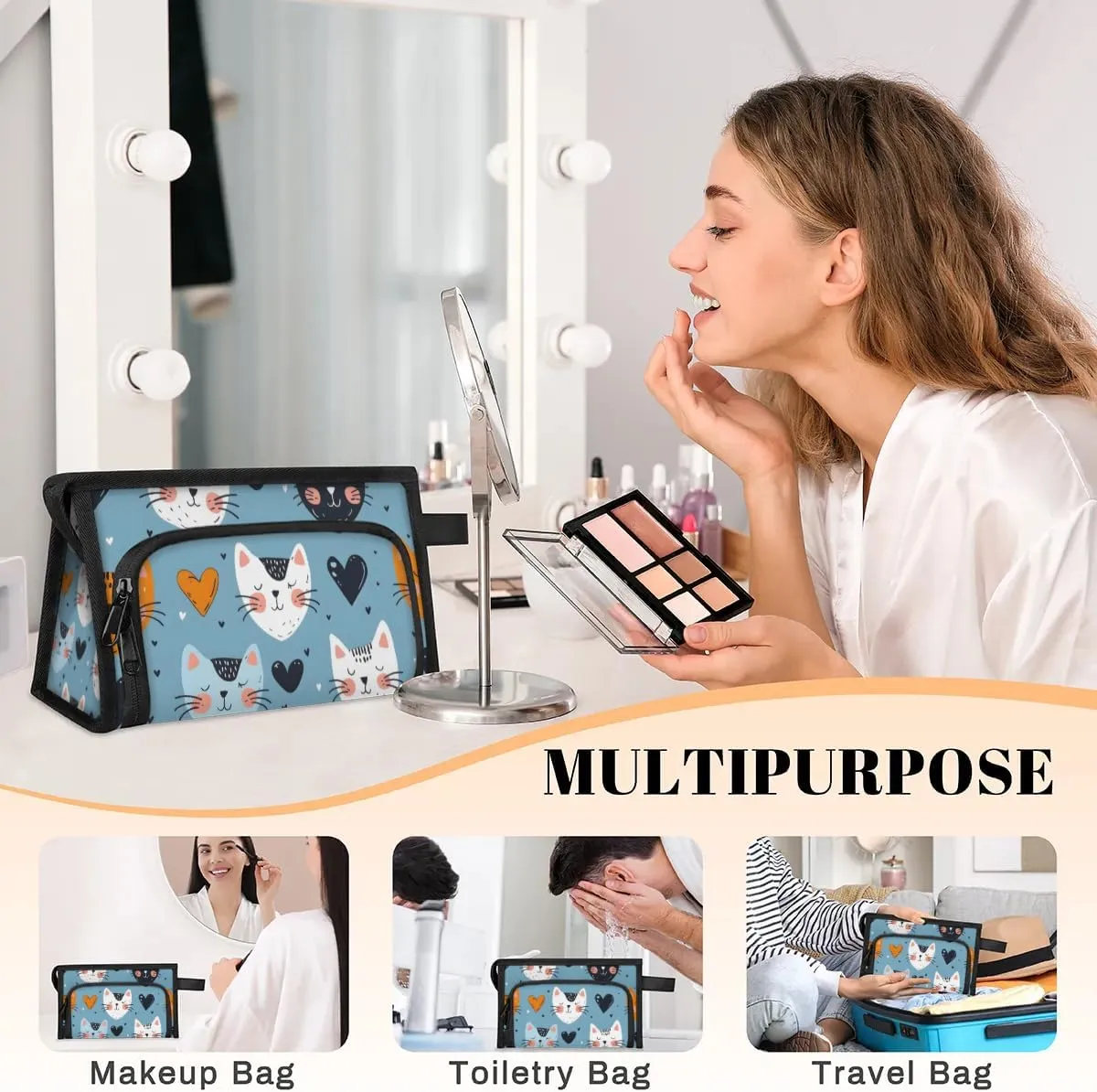 Makeup Bag Cats Love Hearts Travel Toiletry Bag Makeup Organizer Portable Make Up Bags for Women Cosmetic Bag with Handle