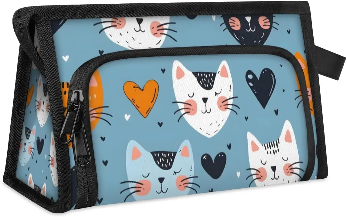 Makeup Bag Cats Love Hearts Travel Toiletry Bag Makeup Organizer Portable Make Up Bags for Women Cosmetic Bag with Handle