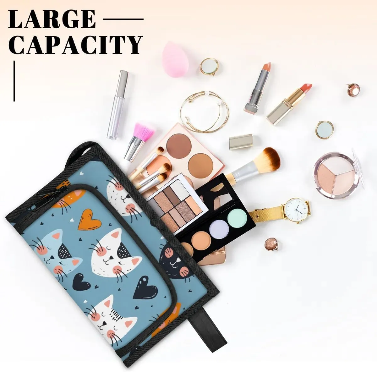 Makeup Bag Cats Love Hearts Travel Toiletry Bag Makeup Organizer Portable Make Up Bags for Women Cosmetic Bag with Handle
