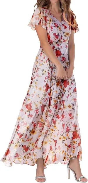 Maxi Dresses for Women plus Size Floral V Neck Short Sleeved Long Dress Summer Dresses for Women Beach with Sleeves