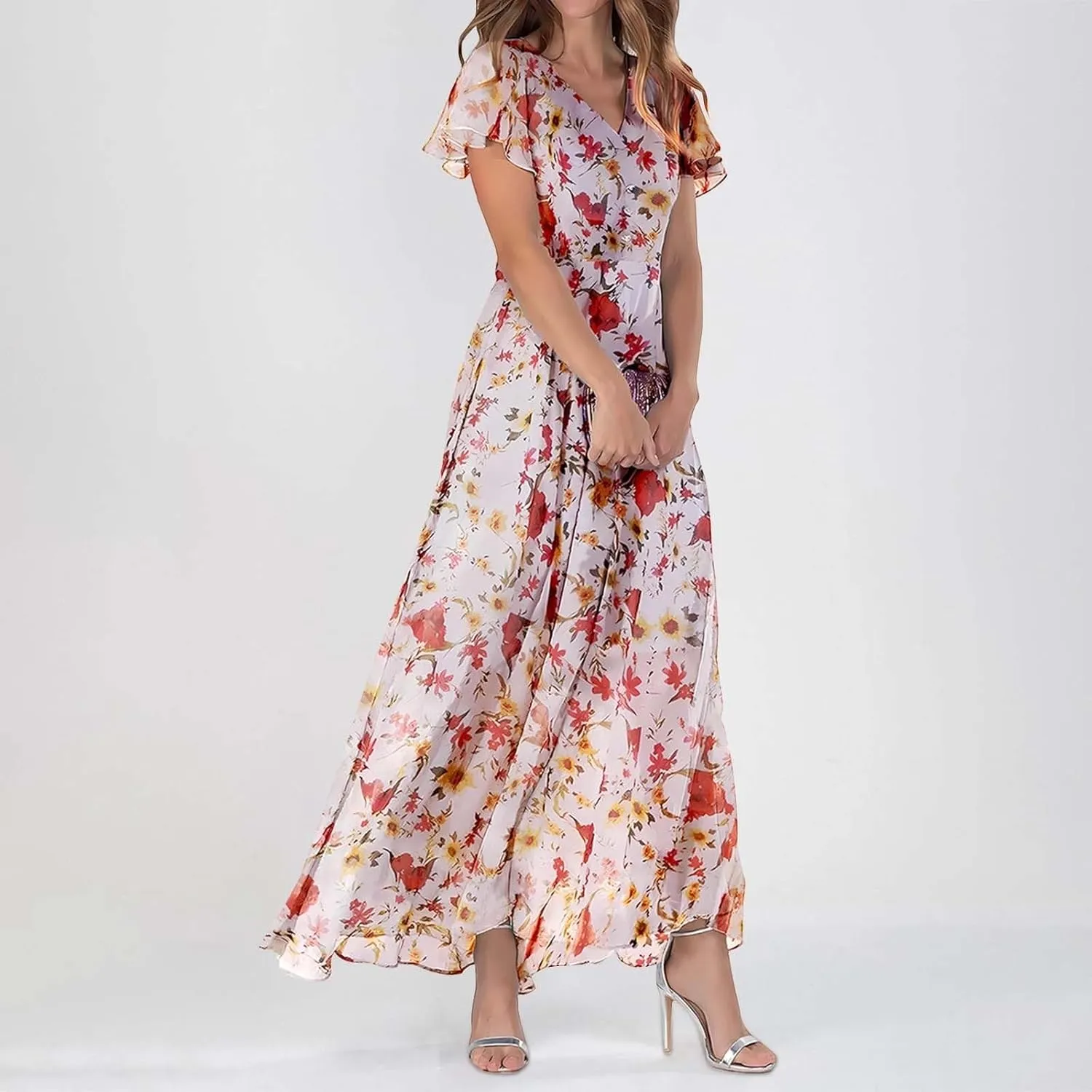 Maxi Dresses for Women plus Size Floral V Neck Short Sleeved Long Dress Summer Dresses for Women Beach with Sleeves