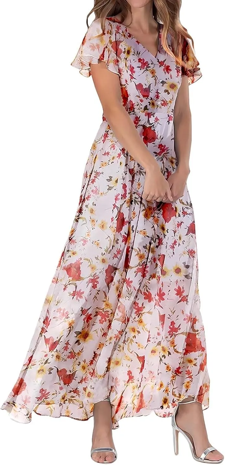 Maxi Dresses for Women plus Size Floral V Neck Short Sleeved Long Dress Summer Dresses for Women Beach with Sleeves