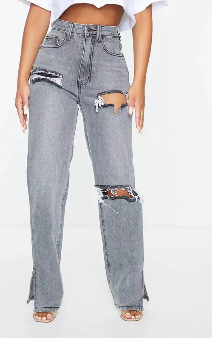 MBLESSEDTO Women's high Waist and Slim Straight Denim Trousers with Holes and Flared Trousers