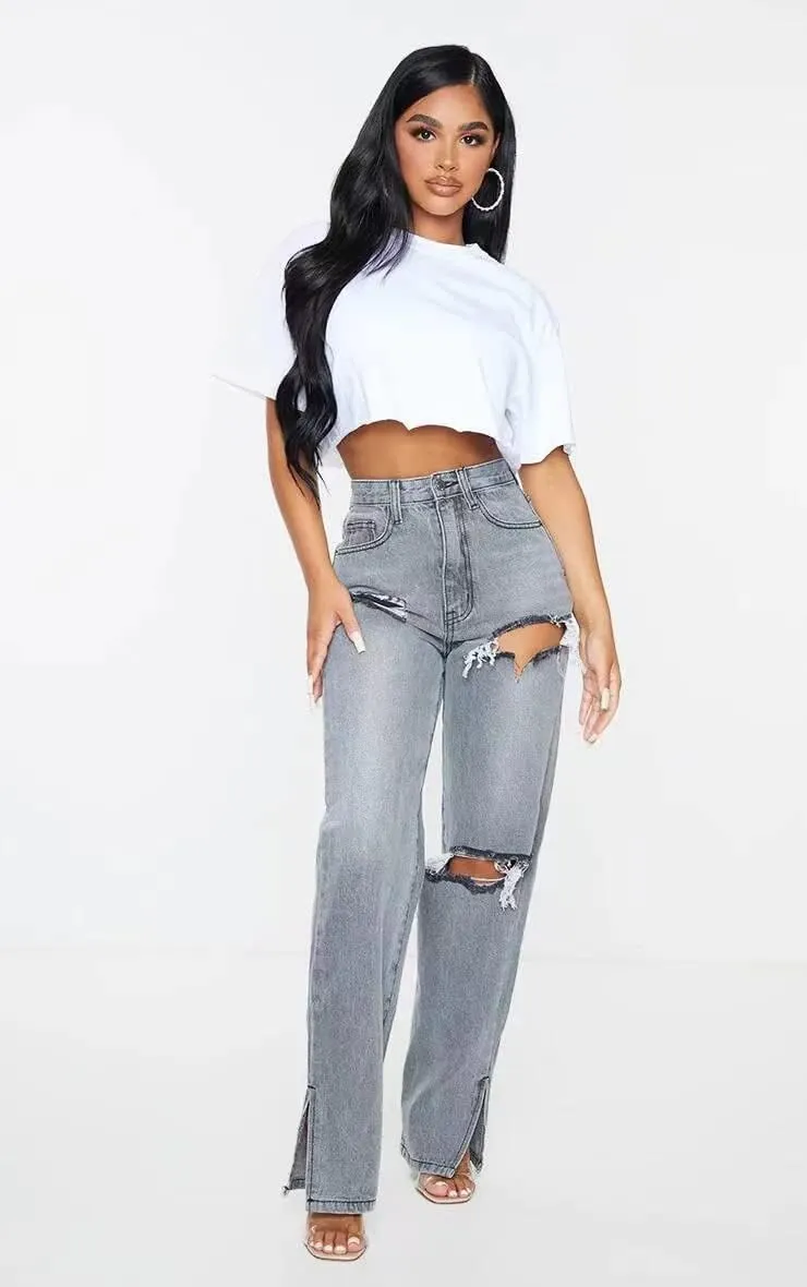 MBLESSEDTO Women's high Waist and Slim Straight Denim Trousers with Holes and Flared Trousers