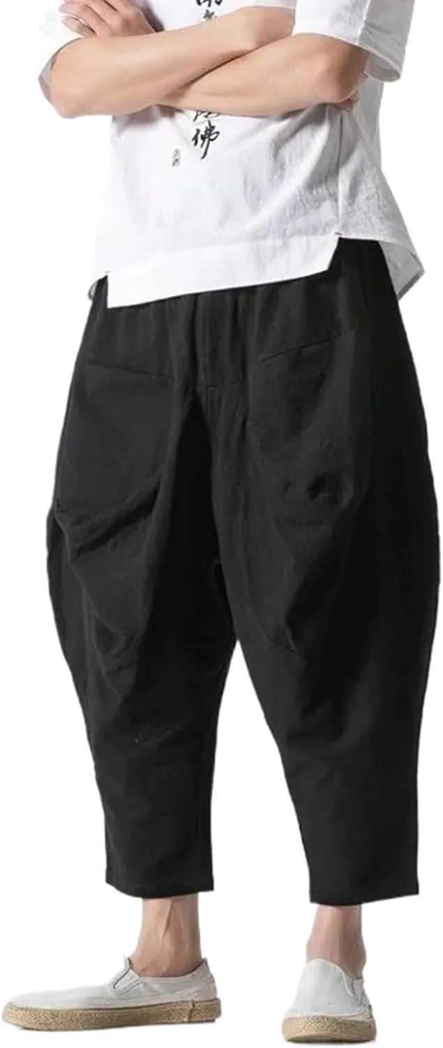 Men Linen Harem Pants Chinese Style Ankle-Length Pants Male Wide-Legged Trousers