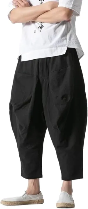 Men Linen Harem Pants Chinese Style Ankle-Length Pants Male Wide-Legged Trousers