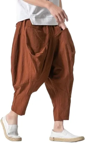 Men Linen Harem Pants Chinese Style Ankle-Length Pants Male Wide-Legged Trousers