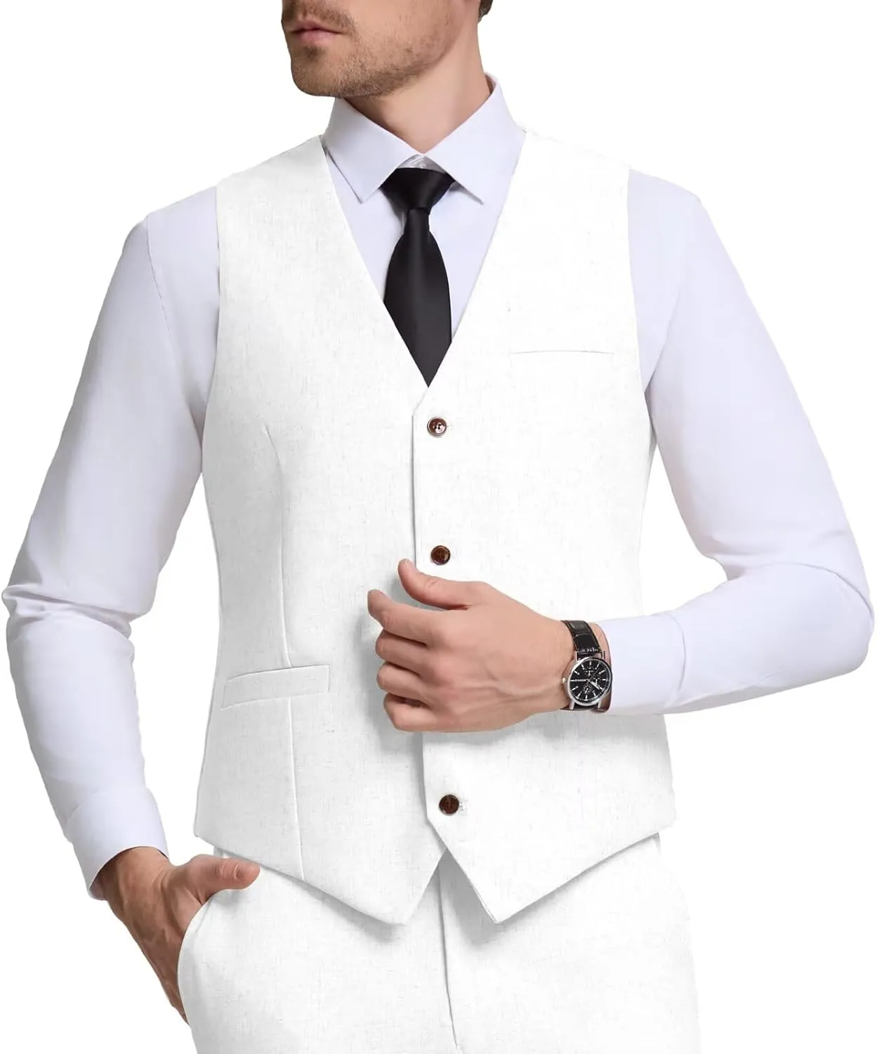 Men Linen Vest Casual Suit Vests Regular Fit Beach Wedding Waistcoat For Mens Groomsmen Party Dress Vest