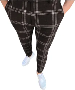 Mens Plaid Pants Skinny Dress Pants Stretch Slim Fit Business Casual Dress Chinos Pants for Men