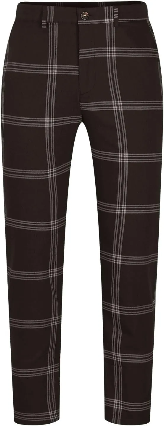 Mens Plaid Pants Skinny Dress Pants Stretch Slim Fit Business Casual Dress Chinos Pants for Men