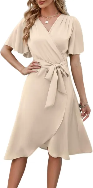 Midi Dresses for Women Summer V Neck Ruffle Short Sleeve Dress Loose Fit Tie Elastic Waist Stretchy A Line Dress