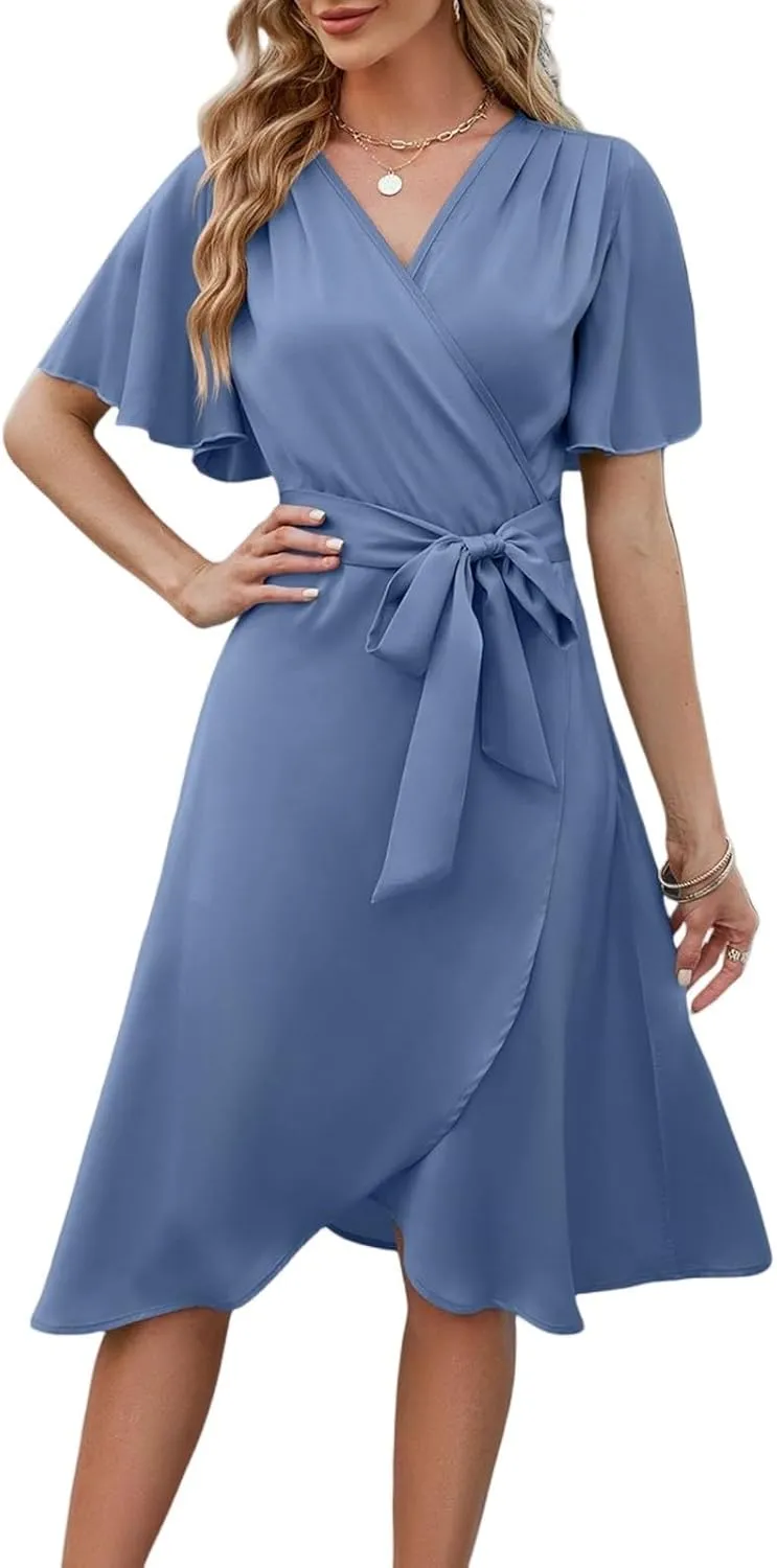 Midi Dresses for Women Summer V Neck Ruffle Short Sleeve Dress Loose Fit Tie Elastic Waist Stretchy A Line Dress