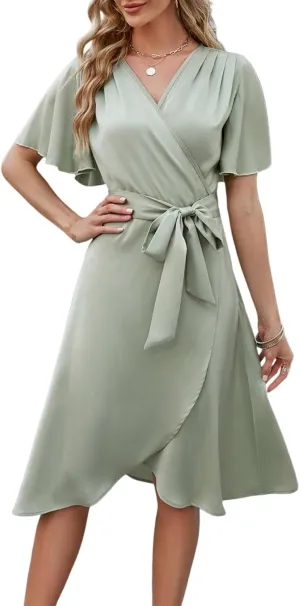 Midi Dresses for Women Summer V Neck Ruffle Short Sleeve Dress Loose Fit Tie Elastic Waist Stretchy A Line Dress