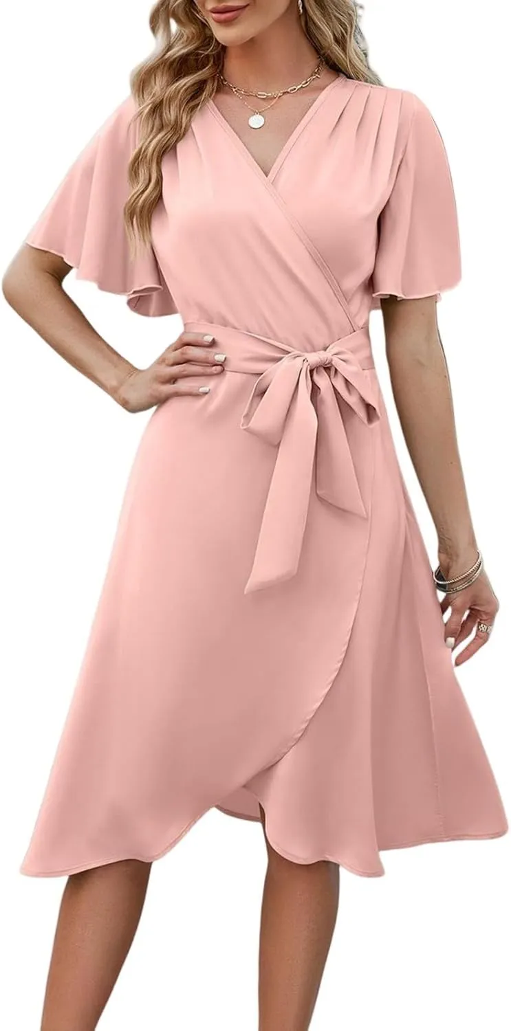 Midi Dresses for Women Summer V Neck Ruffle Short Sleeve Dress Loose Fit Tie Elastic Waist Stretchy A Line Dress
