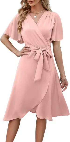 Midi Dresses for Women Summer V Neck Ruffle Short Sleeve Dress Loose Fit Tie Elastic Waist Stretchy A Line Dress