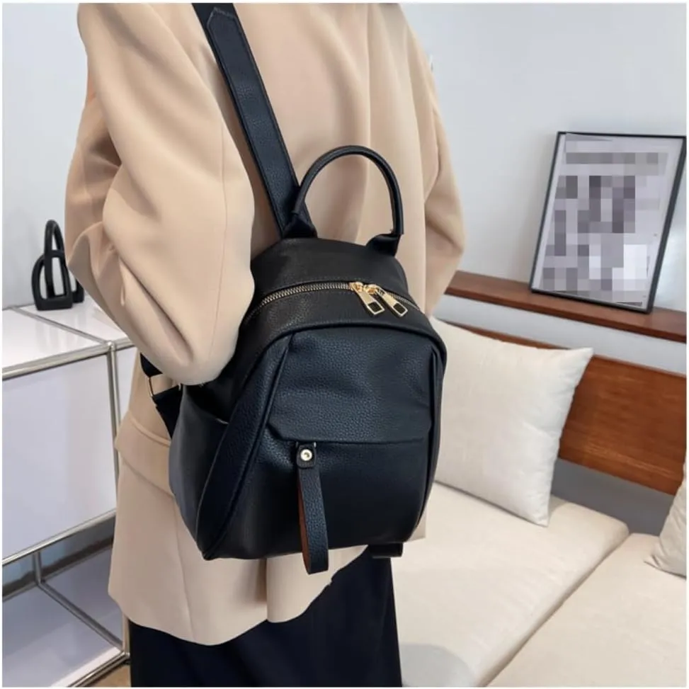 Mini Backpack for Women Small Backpack Purse PU Leather Zipper Closure Satchel Bag Adjustable Strap (black)