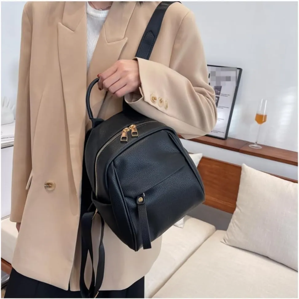 Mini Backpack for Women Small Backpack Purse PU Leather Zipper Closure Satchel Bag Adjustable Strap (black)