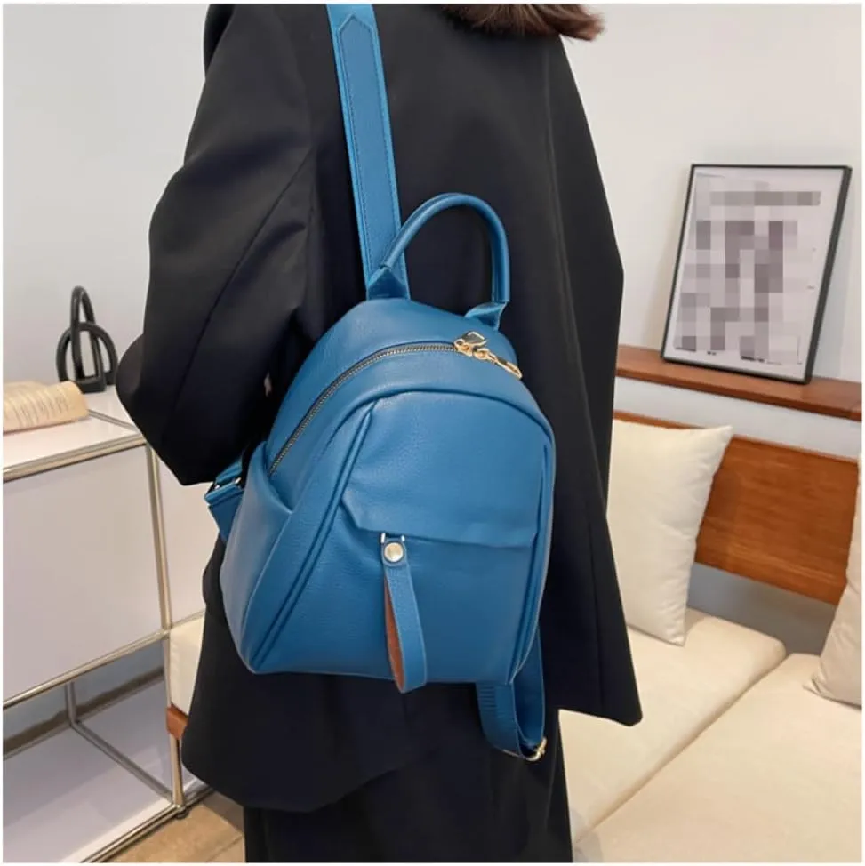 Mini Backpack for Women Small Backpack Purse PU Leather Zipper Closure Satchel Bag Adjustable Strap (blue)
