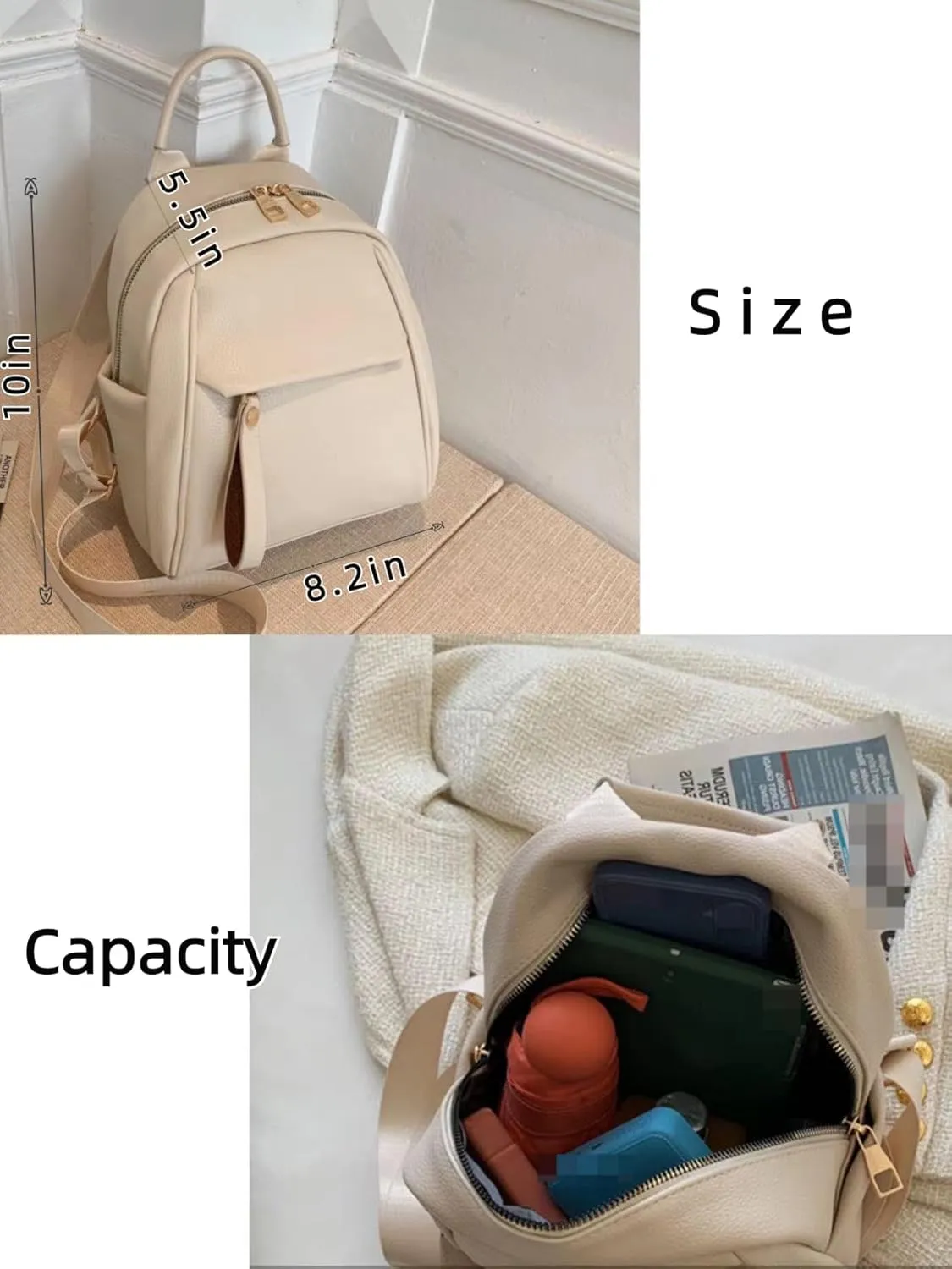 Mini Backpack for Women Small Backpack Purse PU Leather Zipper Closure Satchel Bag Adjustable Strap (brown)