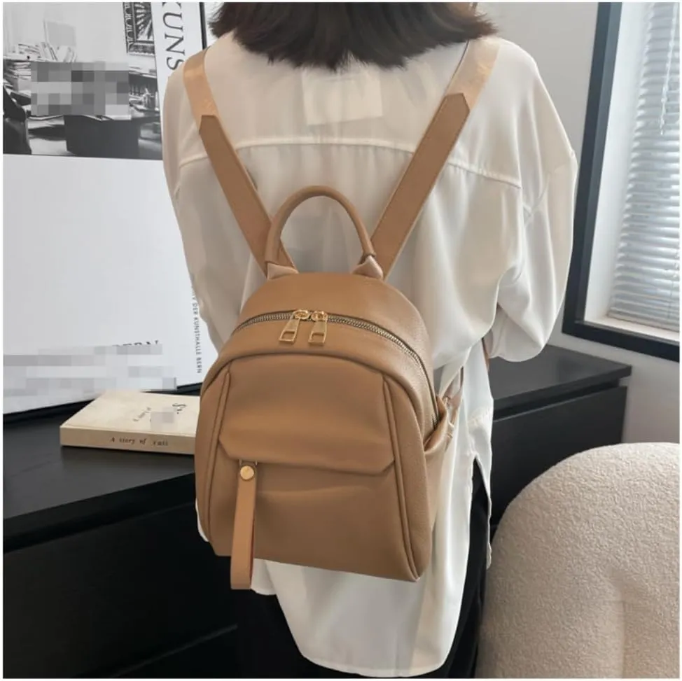 Mini Backpack for Women Small Backpack Purse PU Leather Zipper Closure Satchel Bag Adjustable Strap (khaki)