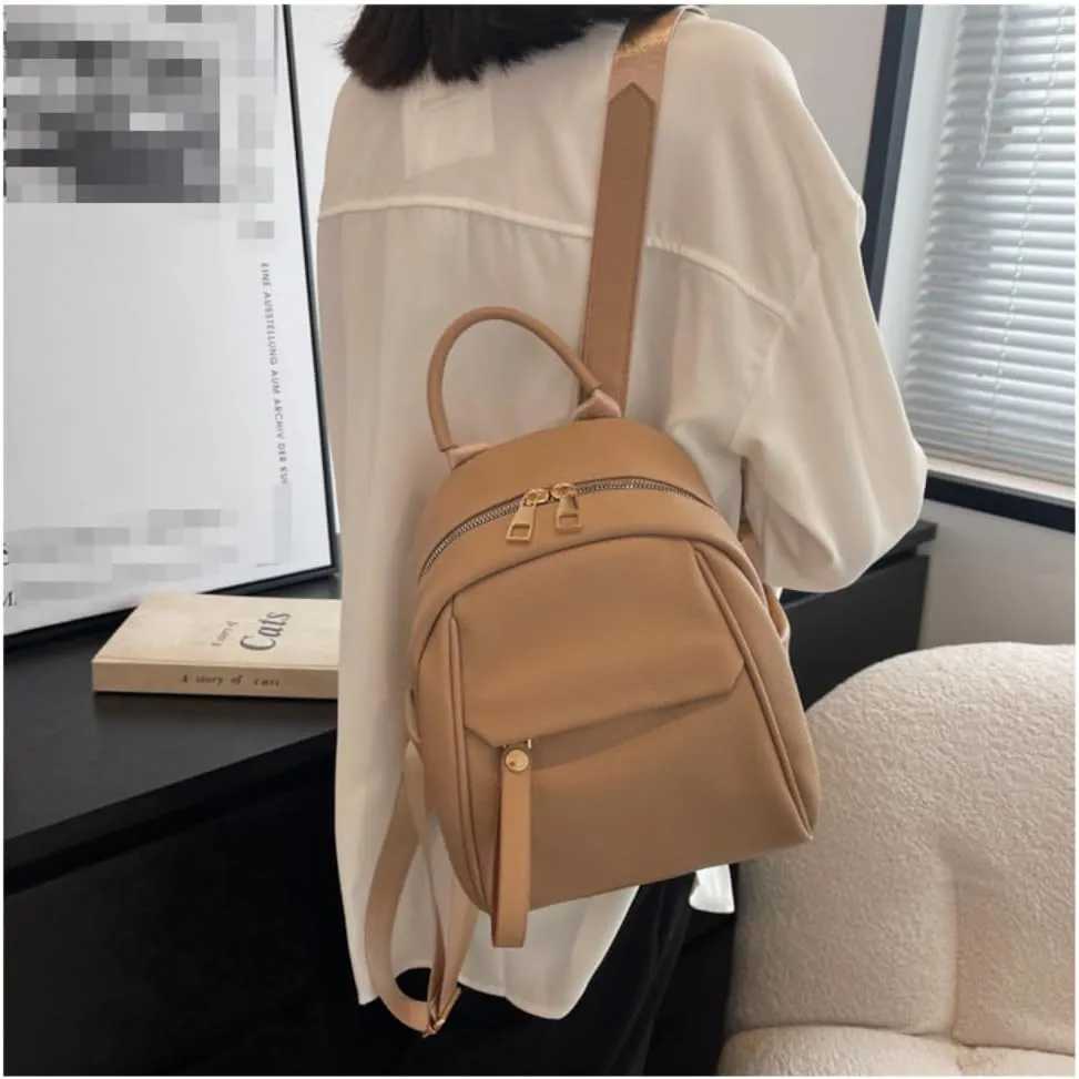 Mini Backpack for Women Small Backpack Purse PU Leather Zipper Closure Satchel Bag Adjustable Strap (khaki)