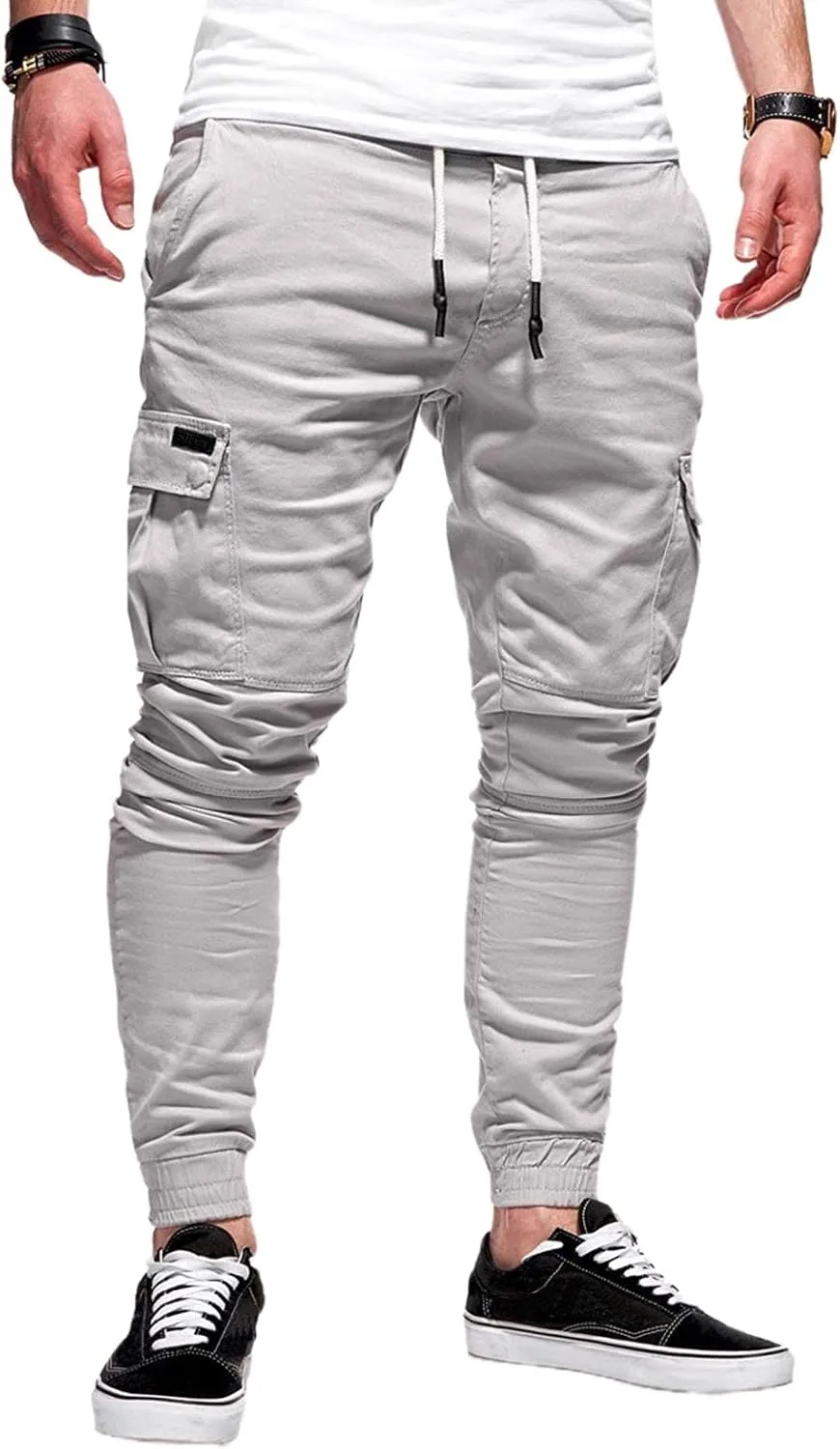 Mmoneyake Mens Cargo Pants Workout Athletic Hiking Sweatpants Drawstring Joggers Pants Slim Fit Chino Pants Training Trousers