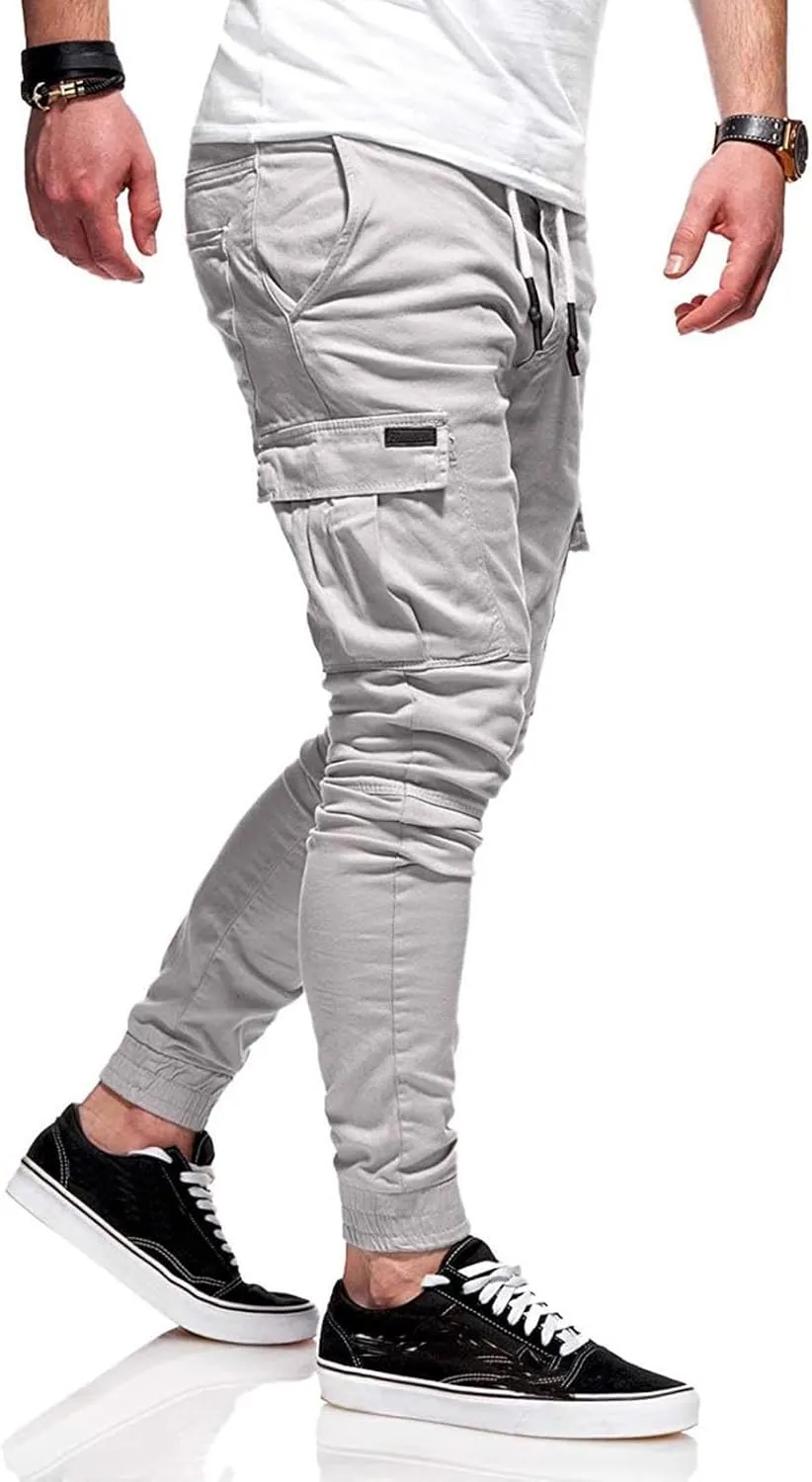 Mmoneyake Mens Cargo Pants Workout Athletic Hiking Sweatpants Drawstring Joggers Pants Slim Fit Chino Pants Training Trousers