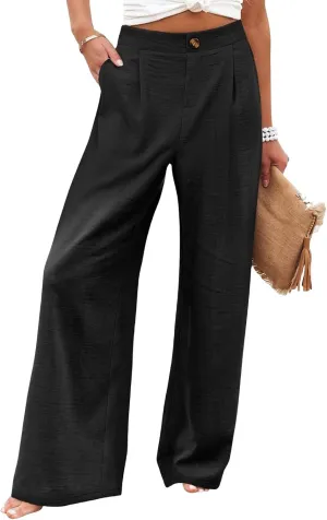 Mmoneyake Wide Leg Pants for Women High Waist Long Palazzo Pants Button Down Loose Business Work Office Trousers with Pockets