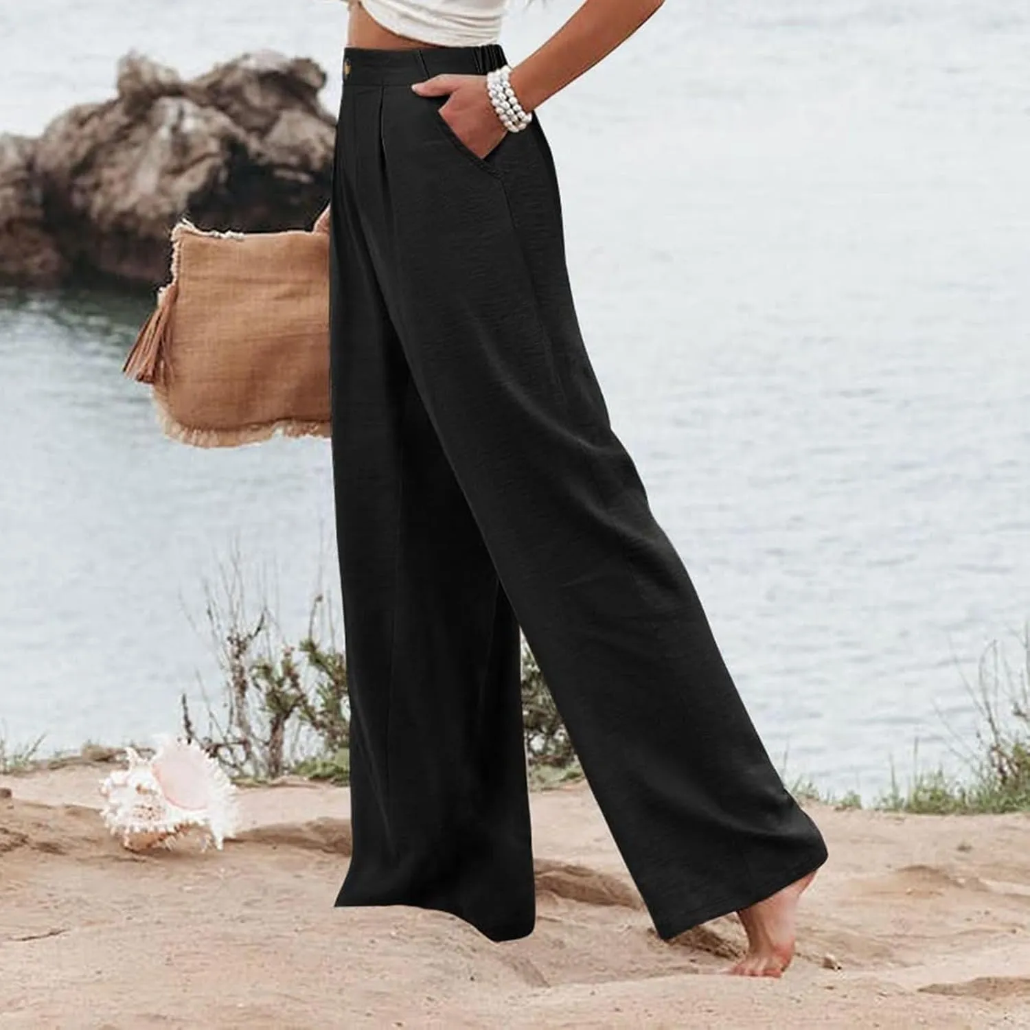 Mmoneyake Wide Leg Pants for Women High Waist Long Palazzo Pants Button Down Loose Business Work Office Trousers with Pockets